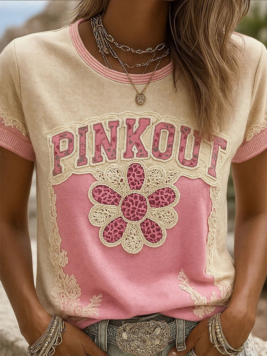 Női retro rózsaszín nyomtatás kényelmes alkalmi póló
