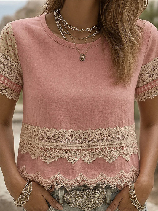 Női retro rózsaszín nyomtatás kényelmes alkalmi póló