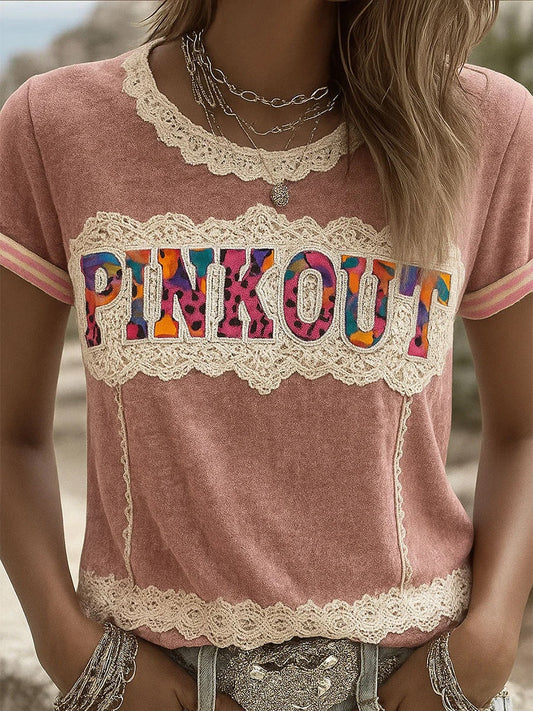 Női retro rózsaszín nyomtatás kényelmes alkalmi póló