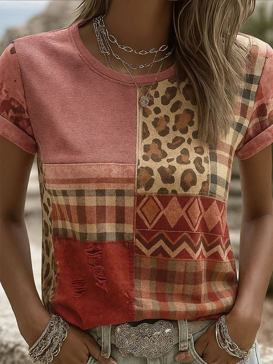 Női retro rózsaszín nyomtatás kényelmes alkalmi póló