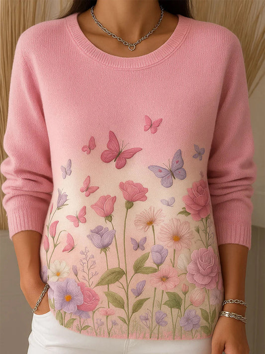 Női retro rózsaszín nyomtatott kényelmes alkalmi pulóver