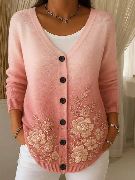 Női vintage virágos nyomtatás gomb kardigán