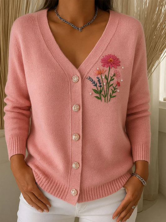 Női vintage virágos nyomtatás gomb kardigán