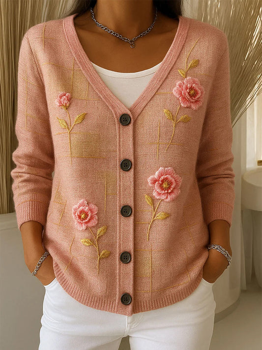 Női vintage virágos nyomtatás gomb kardigán