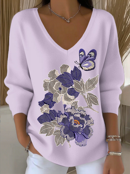 Női romantikus pillangó virágos művészet v-nyak felső