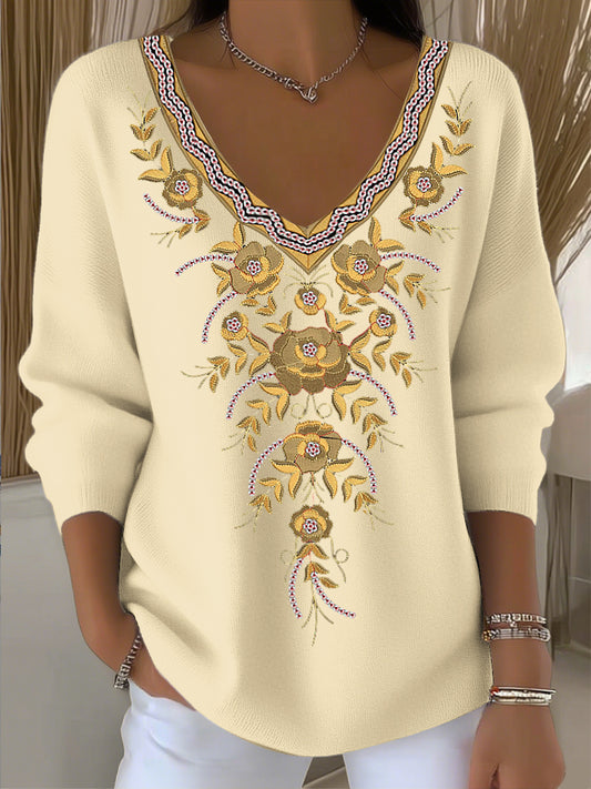 Női vintage etnikai virágos művészet v-nyak felső