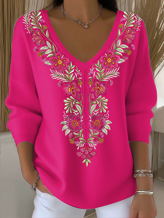 Női vintage virágos art v-nyak felső