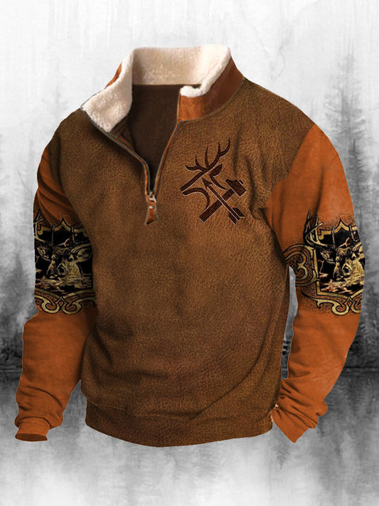 Férfi retro western nyomtatás magas nyak fél cipzár hosszú ujjú felső