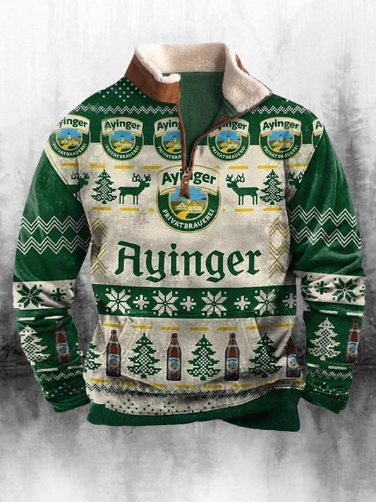 Férfi retro karácsonyi nyomtatás magas nyak fél cipzár hosszú ujjú felső