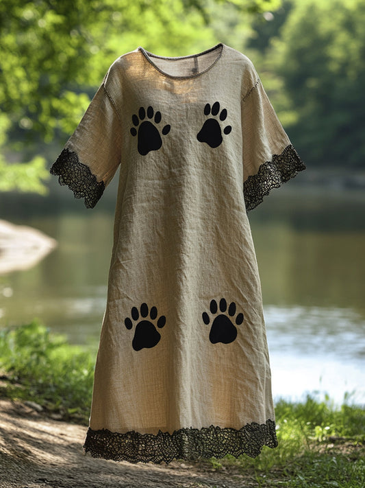 Női vintage macska mancs művészeti nyomtatás alkalmi pamut csipke midi ruha