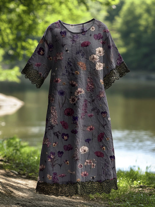 Női vintage virág művészet nyomtatás alkalmi pamut csipke midi ruha