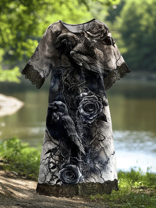 Női vintage varjú művészet nyomtatás alkalmi pamut csipke midi ruha