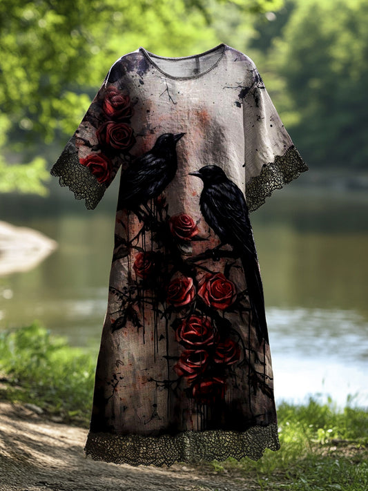 Női vintage varjú művészet nyomtatás alkalmi pamut csipke midi ruha