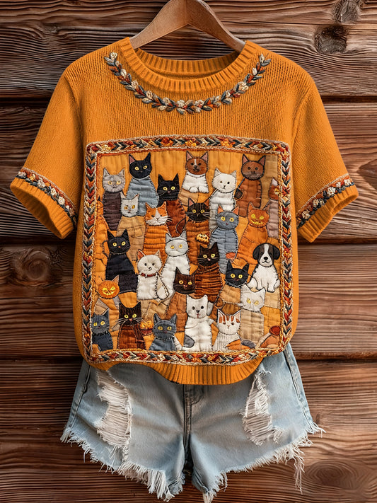 Női művészi állat nyomtatás kényelmes kötött rövid ujjú felső