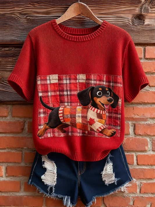 Női művészi állat nyomtatás kényelmes kötött rövid ujjú felső