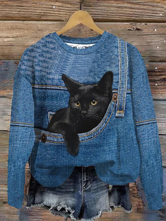 Női vintage állat nyomtatás kényelem alkalmi pulóver