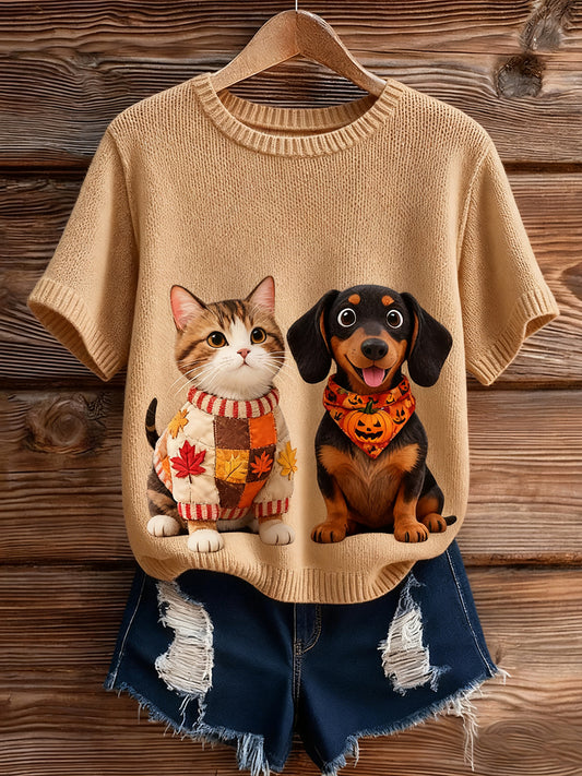 Női művészi állat nyomtatás kényelmes kötött rövid ujjú felső