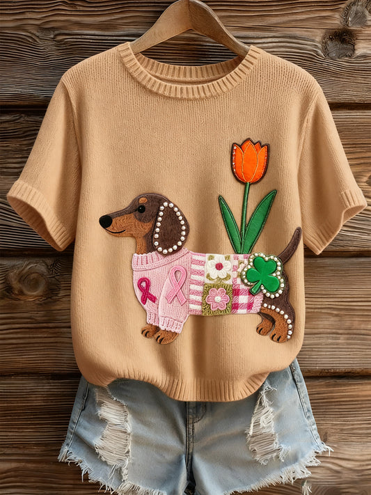 Női művészi állat nyomtatás kényelmes kötött rövid ujjú felső