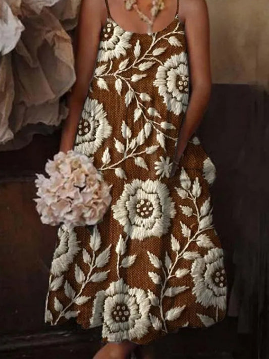 Női virágos művészet nyomtatás zseb v-nyak középső ujjú ruha