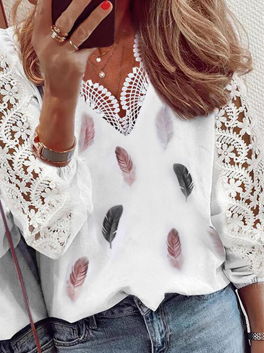 Női alkalmi v-nyak csipke toll nyomtatás patchwork hosszú ujjú ing top