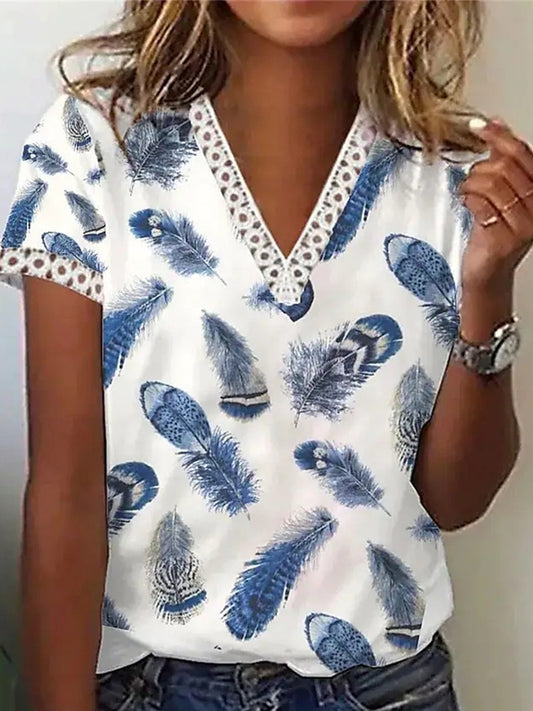 Női alkalmi v-nyak toll nyomtatás rövid ujjú felső póló
