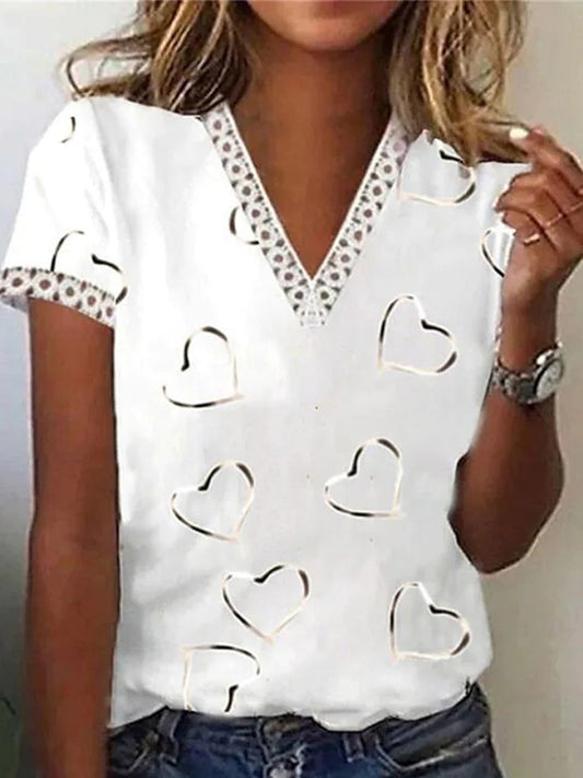 Női alkalmi v-nyak szerelem nyomtatott rövid ujjú felső póló