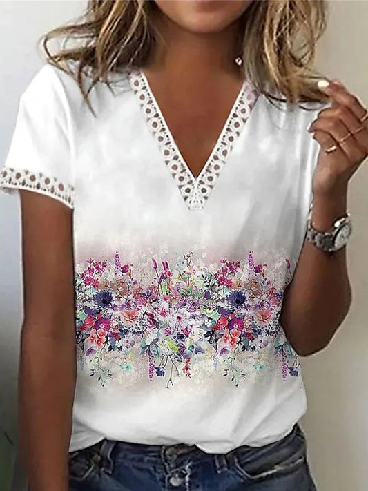 Női alkalmi v-nyak virágos nyomtatás rövid ujjú felső póló