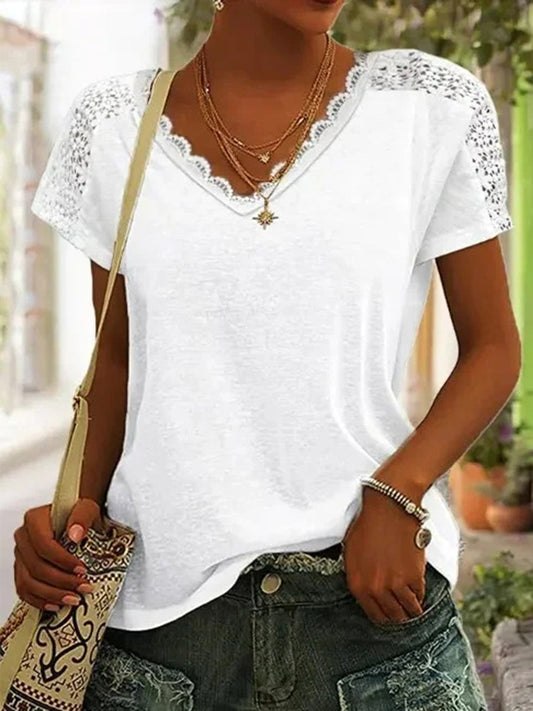 Női alkalmi v-nyak csipke varrás egyszínű rövid ujjú felső póló