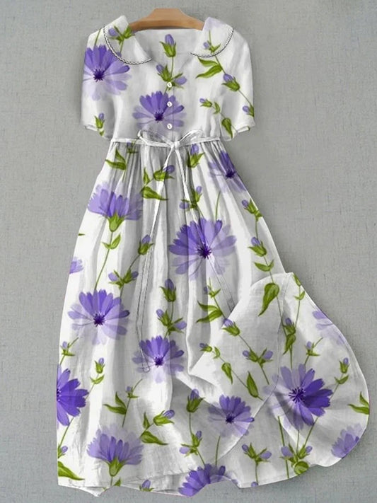 Retro boho virágos nyomtatás vintage elegáns kerek nyak gomb hosszú ujjú midi ruha