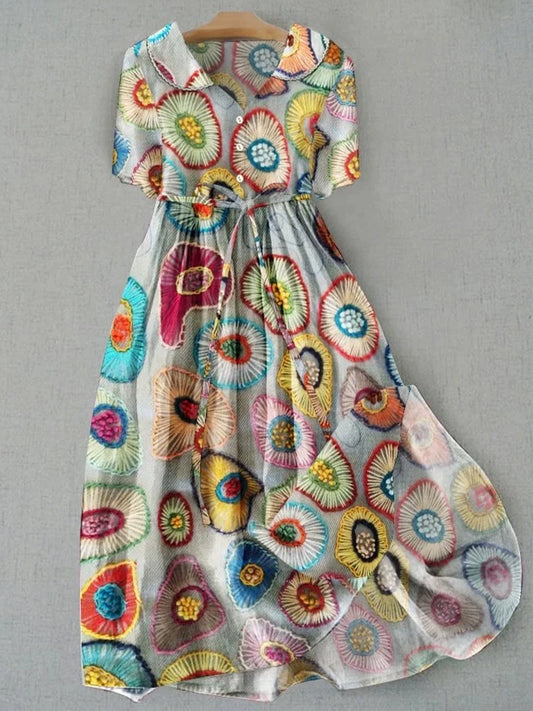 Retro boho virágos nyomtatás vintage elegáns kerek nyak gomb hosszú ujjú midi ruha