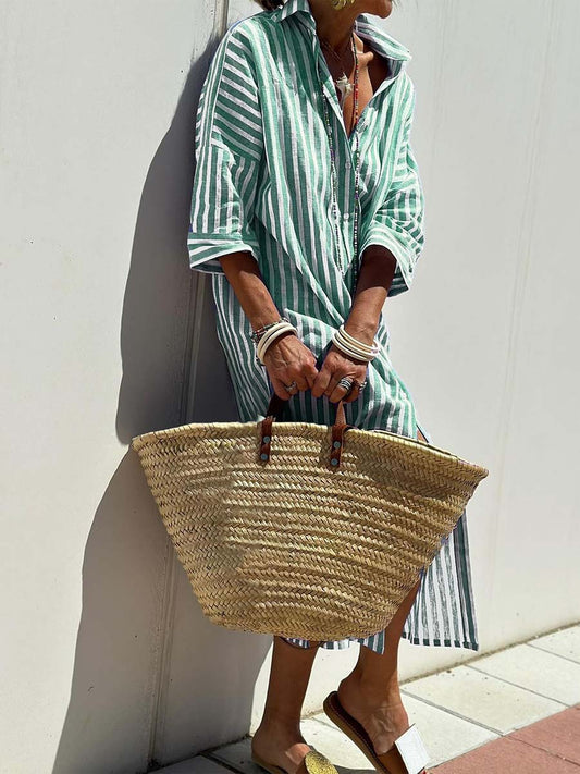 Női ing gallér csíkos laza alkalmi nyaralás maxi szoknya