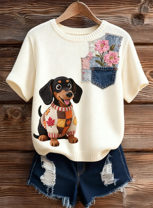 Női művészi állat nyomtatás kényelmes kötött rövid ujjú felső