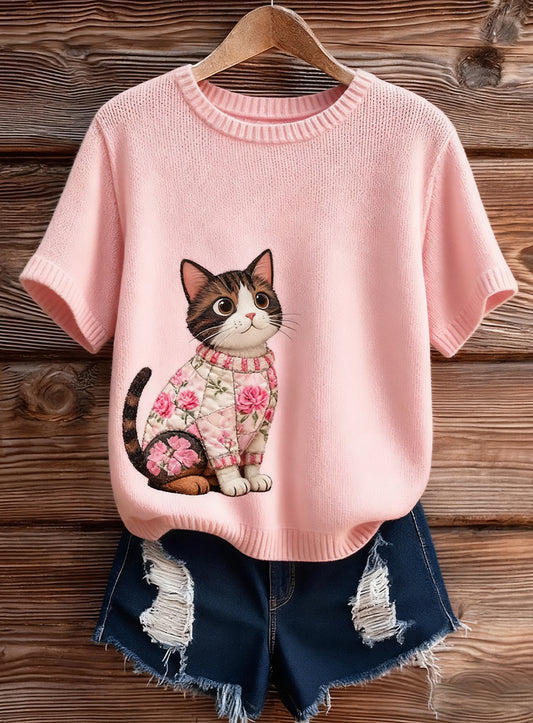 Női művészi állat nyomtatás kényelmes kötött rövid ujjú felső