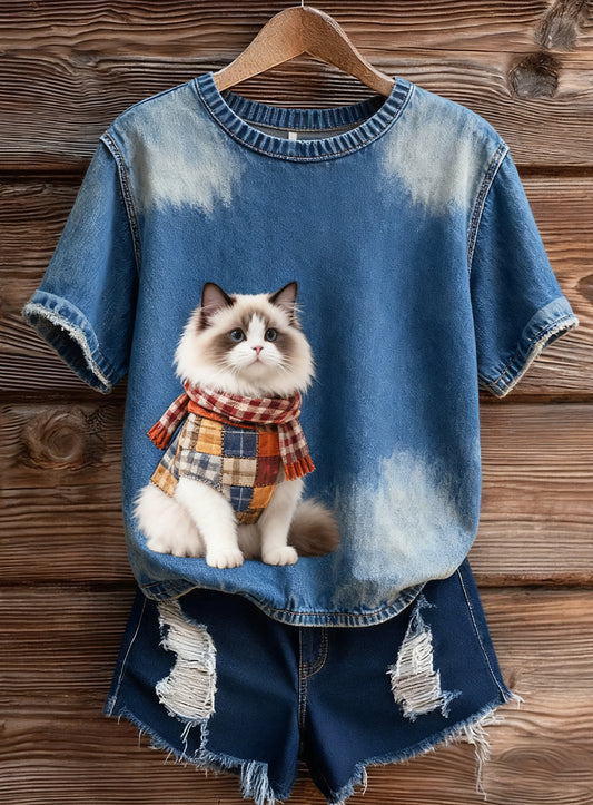 Női művészi állat nyomtatás kényelmes kötött rövid ujjú felső