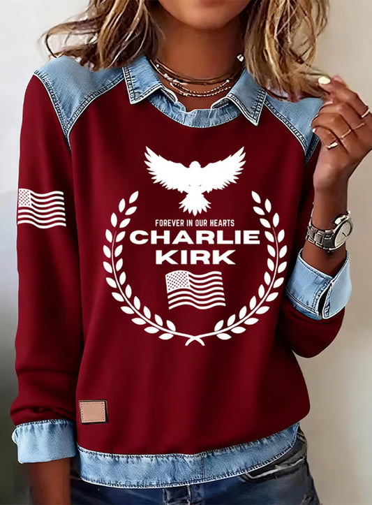 Női "szabadság nem szabad" amerikai zászló nyomtatás alkalmi hosszú ujjú top