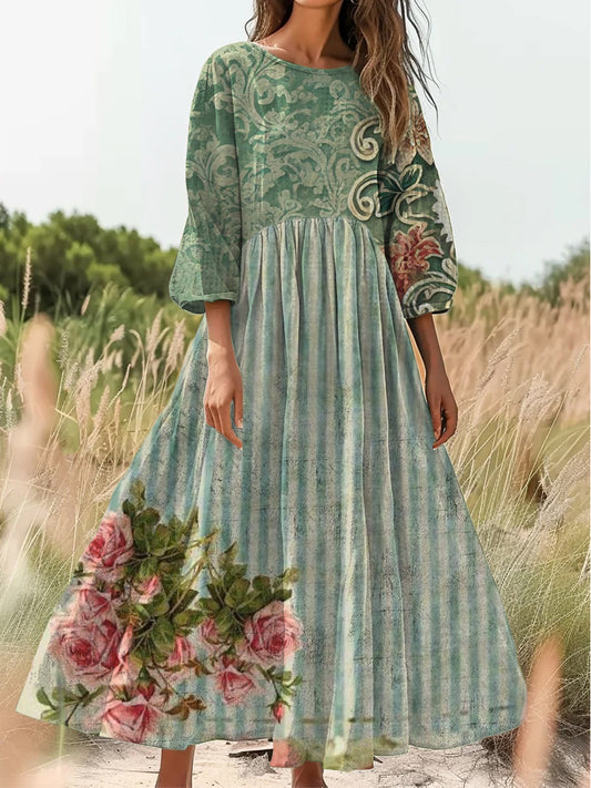 Retro boho virágos nyomtatás vintage elegáns kerek nyak pamut hosszú ujjú midi ruha