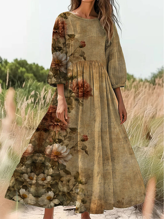 Retro boho virágos nyomtatás vintage elegáns kerek nyak pamut hosszú ujjú midi ruha
