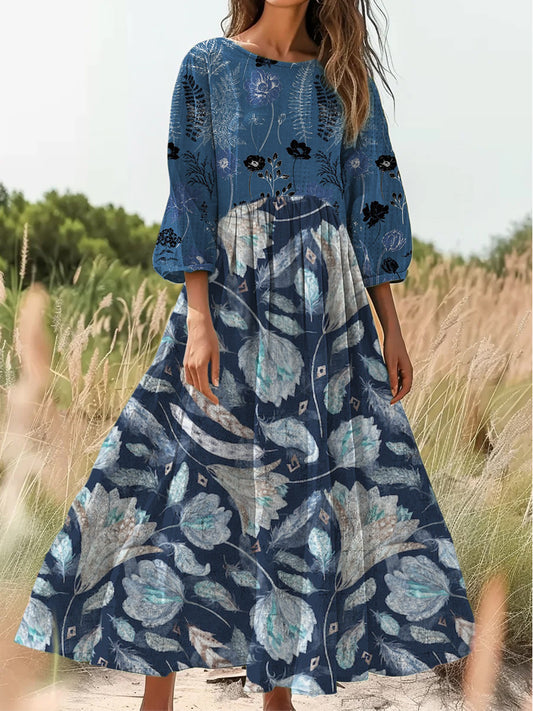 Retro boho virágos nyomtatás vintage elegáns kerek nyak pamut hosszú ujjú midi ruha