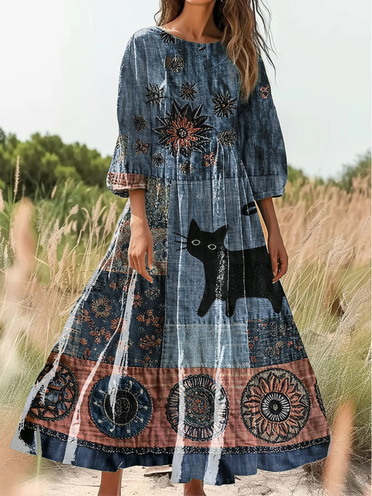 Retro boho virágos nyomtatás vintage elegáns kerek nyak pamut hosszú ujjú midi ruha