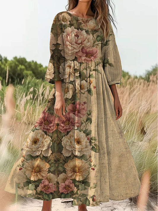 Retro boho virágos nyomtatás vintage elegáns kerek nyak pamut hosszú ujjú midi ruha