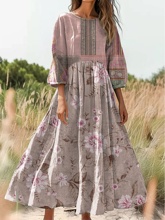 Retro boho virágos nyomtatás vintage elegáns kerek nyak pamut hosszú ujjú midi ruha