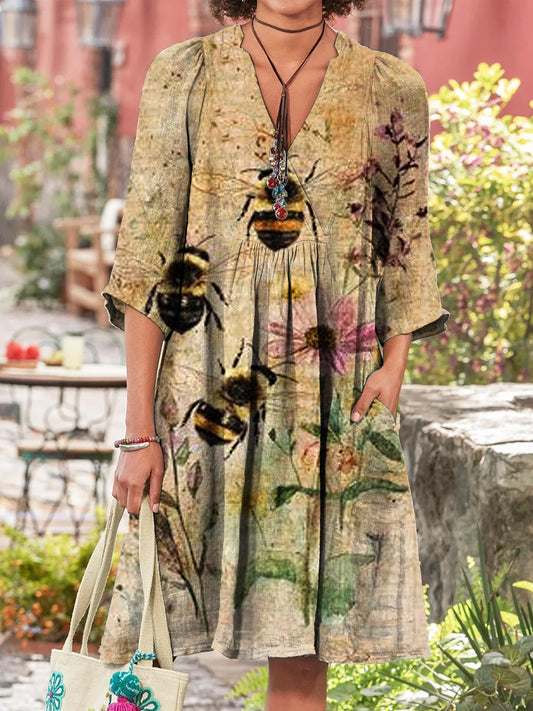 Retro méh boho virágos nyomtatás vintage elegáns v-nyak pamut hosszú ujjú midi ruha