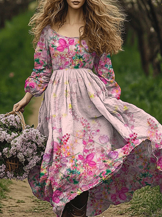 Retro boho virág művészet nyomtatás vintage elegáns kerek nyakú hosszú ujjú midi ruha