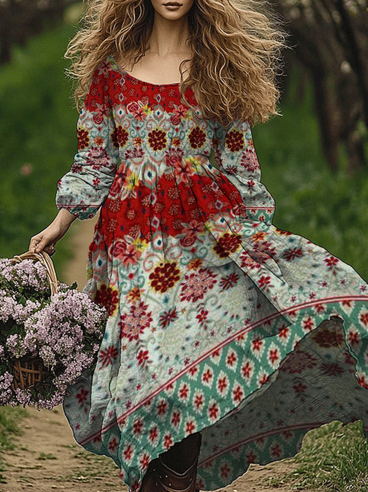 Retro boho virág művészet nyomtatás vintage elegáns kerek nyakú hosszú ujjú midi ruha