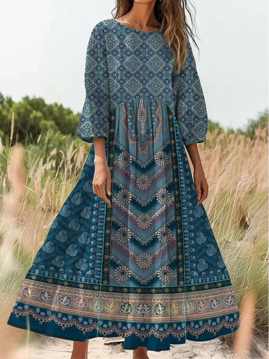 Retro boho virágos nyomtatás vintage elegáns kerek nyak pamut hosszú ujjú midi ruha