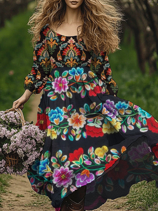 Retro boho virág művészet nyomtatás vintage elegáns kerek nyakú hosszú ujjú midi ruha