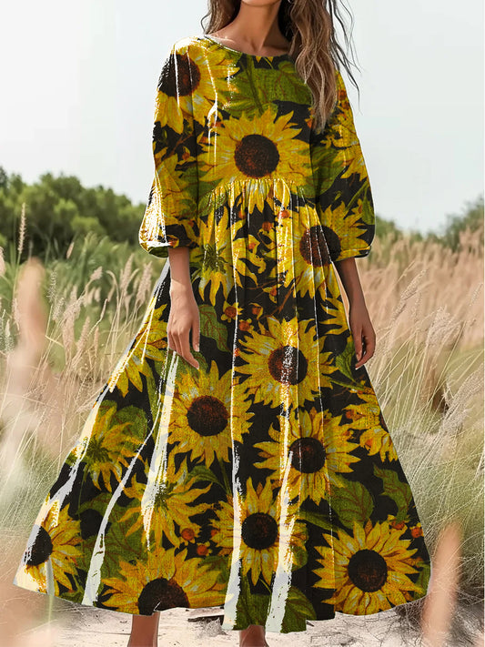 Retro boho virágos nyomtatás vintage elegáns kerek nyak pamut hosszú ujjú midi ruha