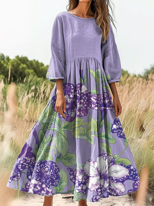 Retro boho virágos nyomtatás vintage elegáns kerek nyak pamut hosszú ujjú midi ruha