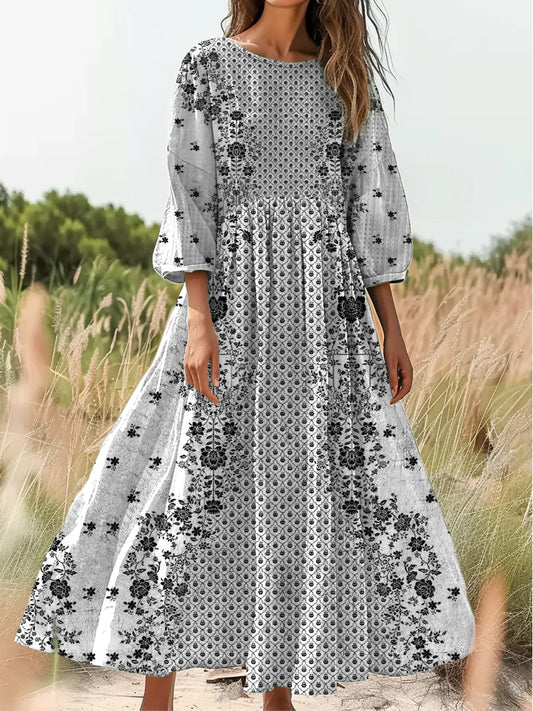 Retro boho virágos nyomtatás vintage elegáns kerek nyak pamut hosszú ujjú midi ruha