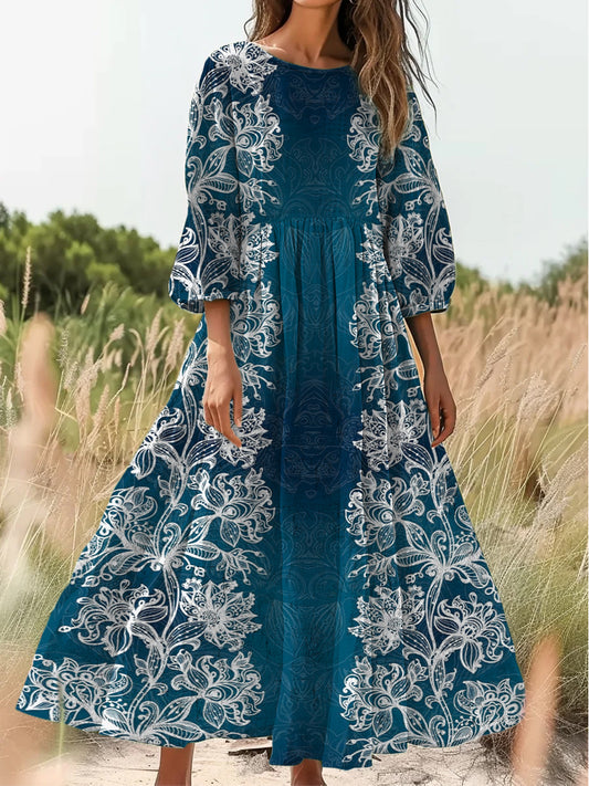 Retro boho virágos nyomtatás vintage elegáns kerek nyak pamut hosszú ujjú midi ruha